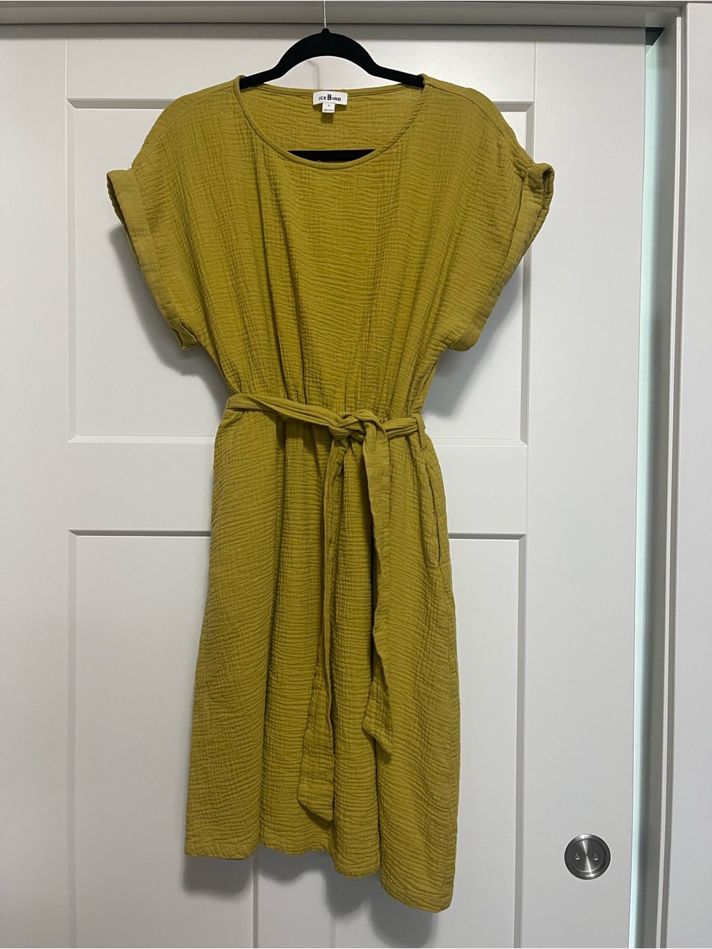 Mustard Textured Belted Midi Dress with pockets